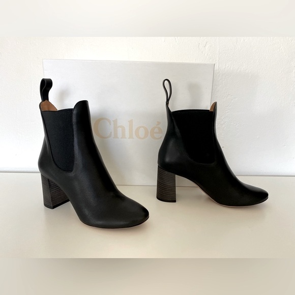 NIB CHLOE BLACK LEATHER CHELSEA STYLE ANKLE BOOTS SHOES BOOTIES SIZE 37.5 - Picture 6 of 10